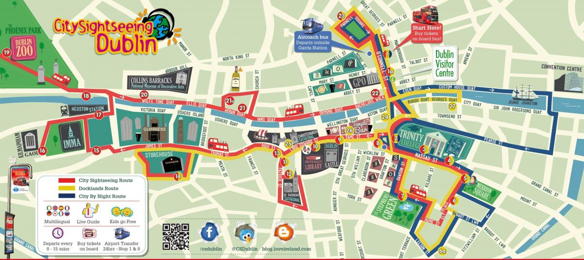 Mapa das excursões a pé por Dublin